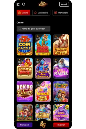 Catalogo slot disponibili nell'app Spingrande mobile