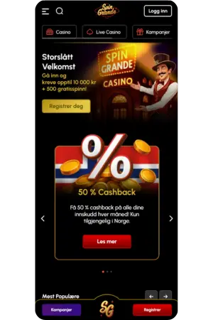 Spingrande app android hovedside med mange norske spill