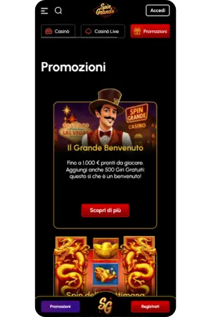 Pagina bonus esclusivi nell'app Spingrande mobile
