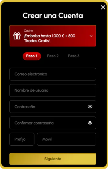 Formulario de registro en Spingrande para jugadores de España